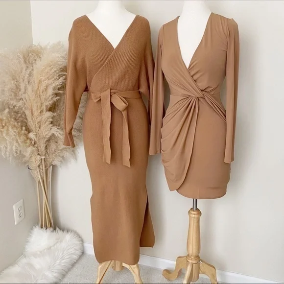 Cozy tan knit sweater midi dress with belt - Picture 1 of 13